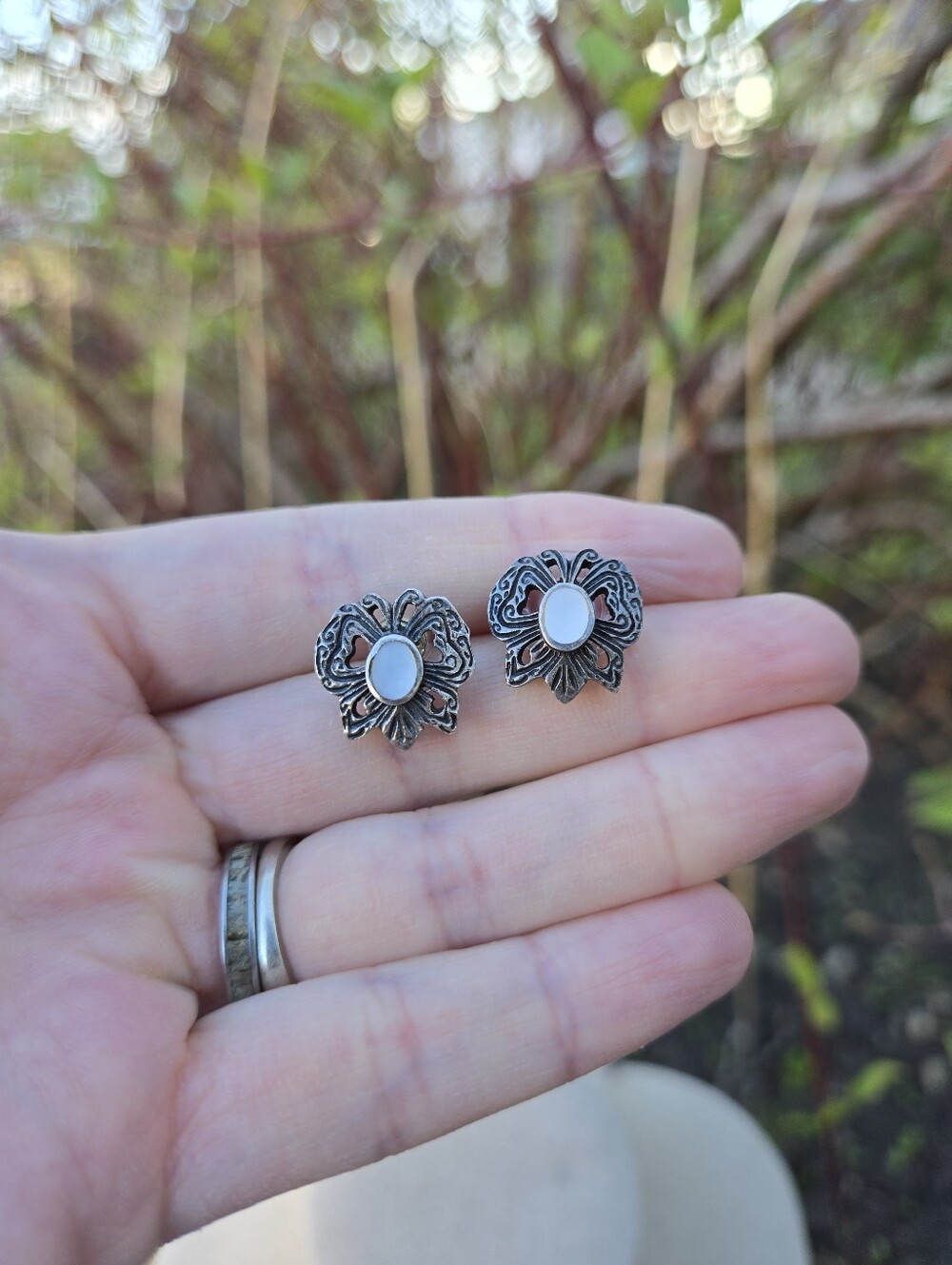 Sterling Silver And White Nacre Butterfly Stud Earrings